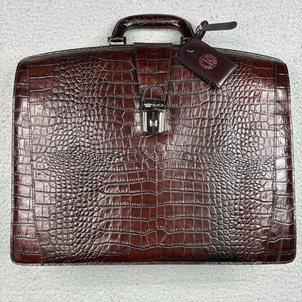Vintage Bosca Alligator Embossed Leather Briefcase Attaché Case Brown Lock Key